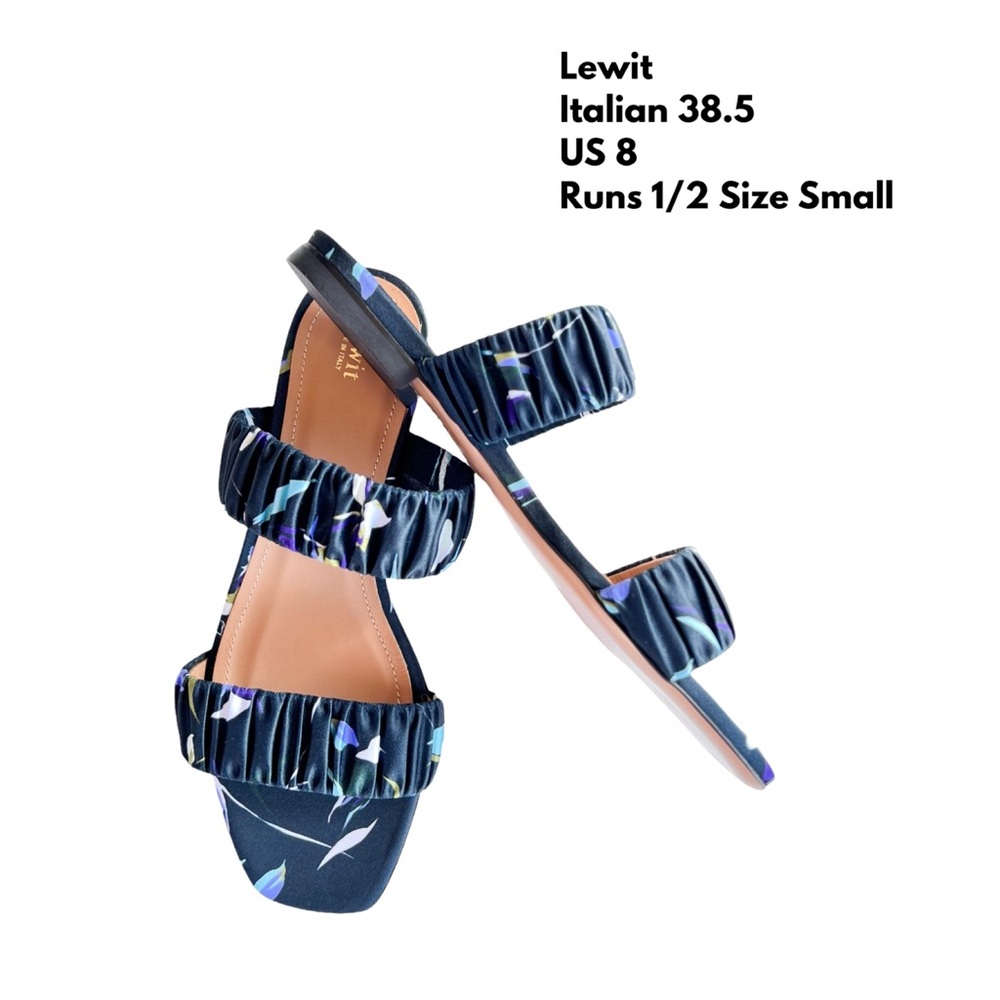 Lewit Elena Ruched Satin Flat Slide Sandal Navy Floral EU 39.5 US 9 - Picture 2 of 10